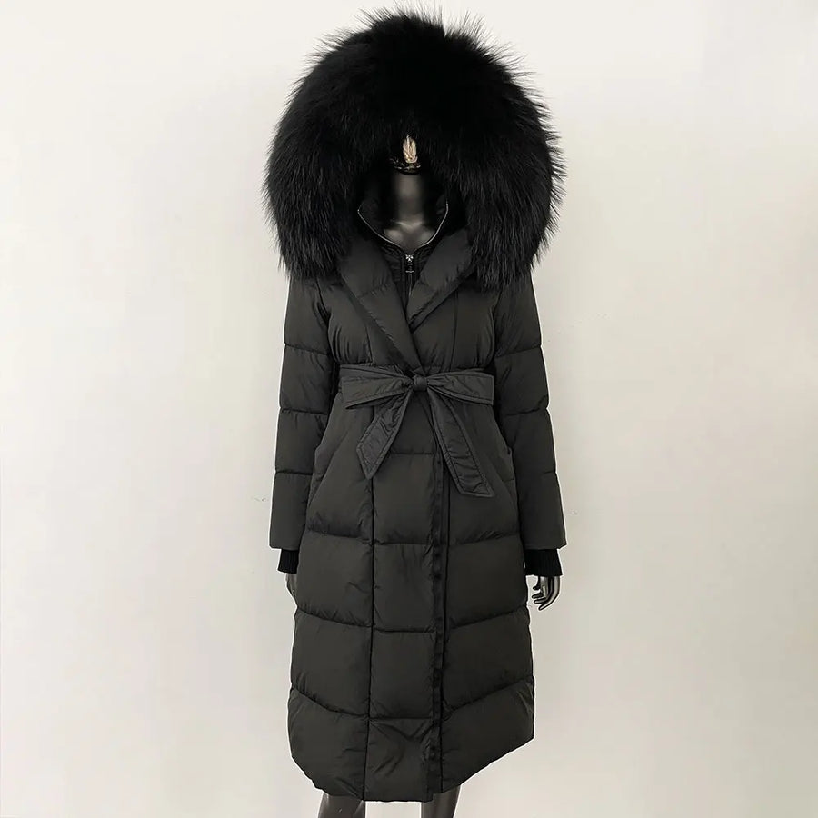 Damen Daunenmantel Lang mit Kapuze und Pelzbesatz Gürtel Steppjacke Warm
