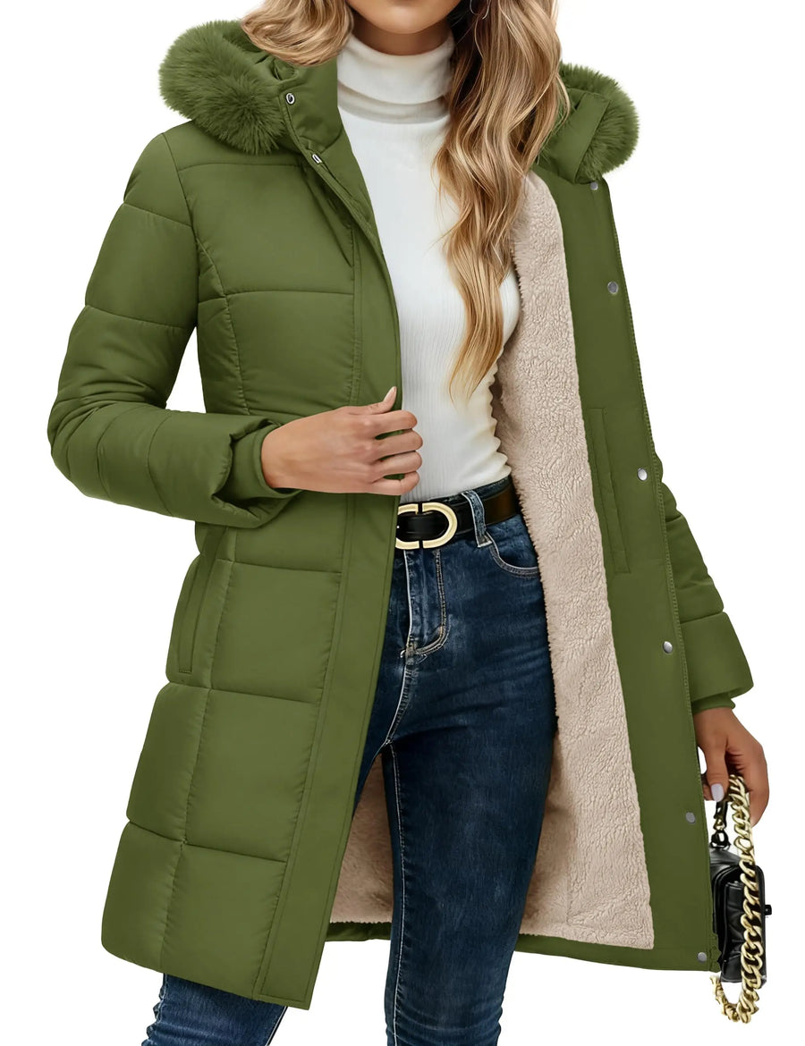 Damen Winter Steppjacke lang gefüttert mit Kapuze und Fellimitat in Weiß
