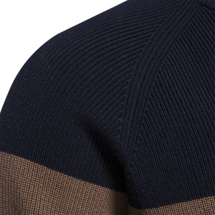 Herenvest met rits, opstaande kraag en kleurvlakken, marineblauw en bruin