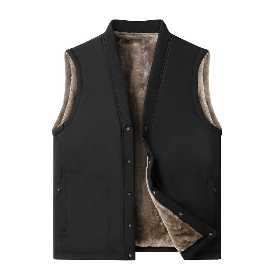 Herenbodywarmer met pluche voering, knoopsluiting en V-hals, olijfgroen