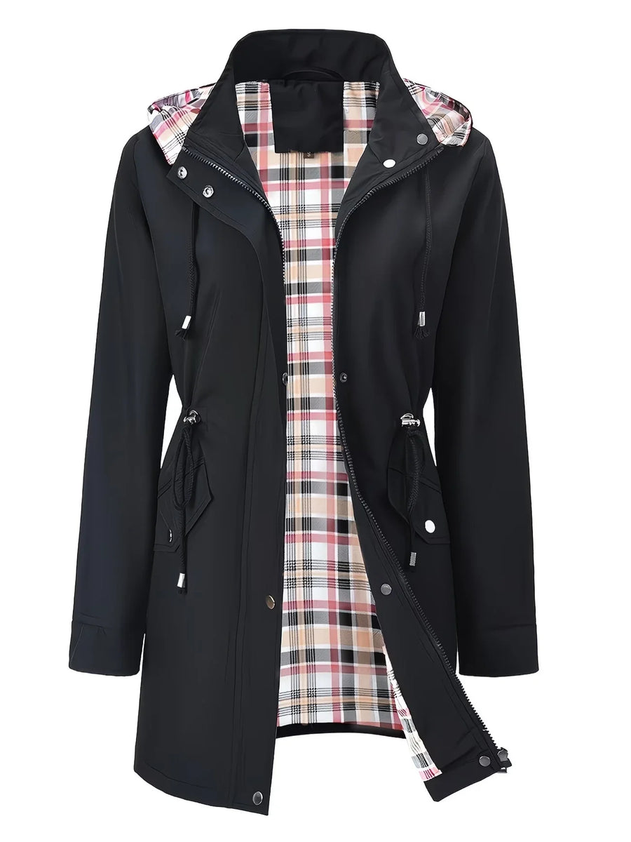 Damen Regenjacke Winddicht Atmungsaktiv mit Kariertem Futter Schwarz