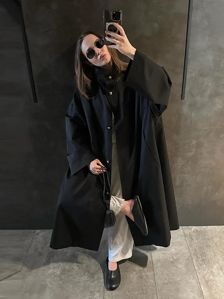 Damen Langer Trenchcoat mit Stehkragen und weitem Schnitt