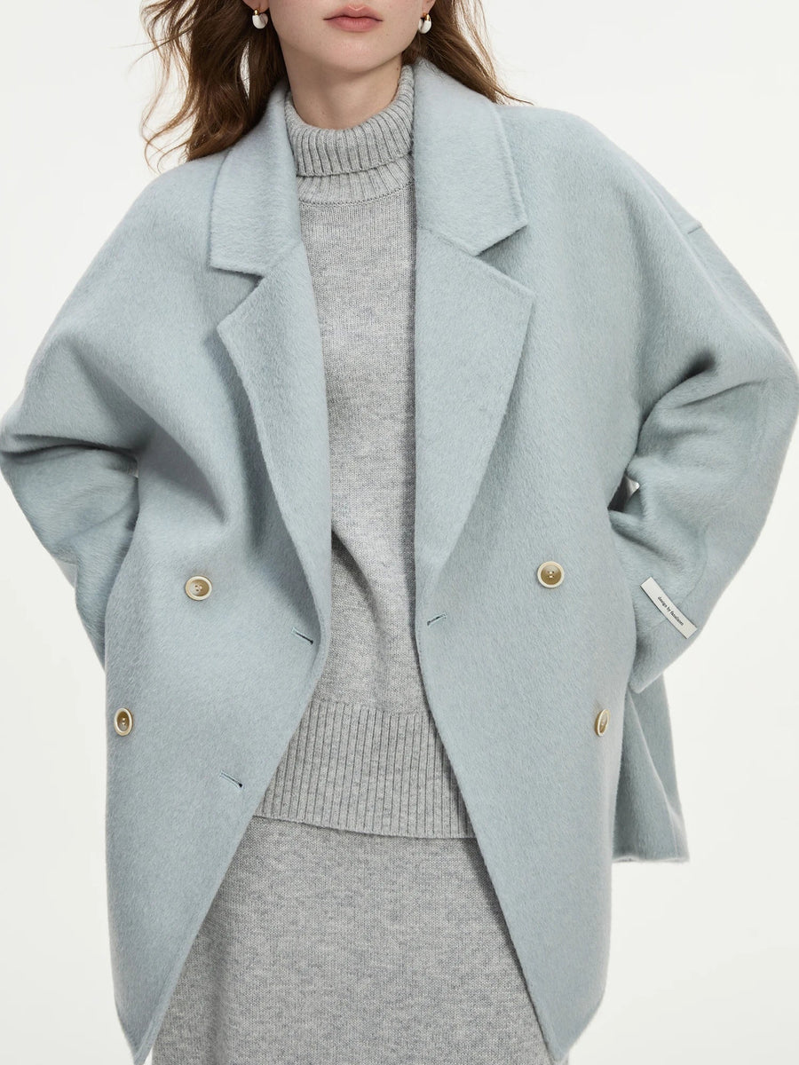 Damen Kurzmantel Kurzjacke Hellblau Zweireihig Mit Kragen