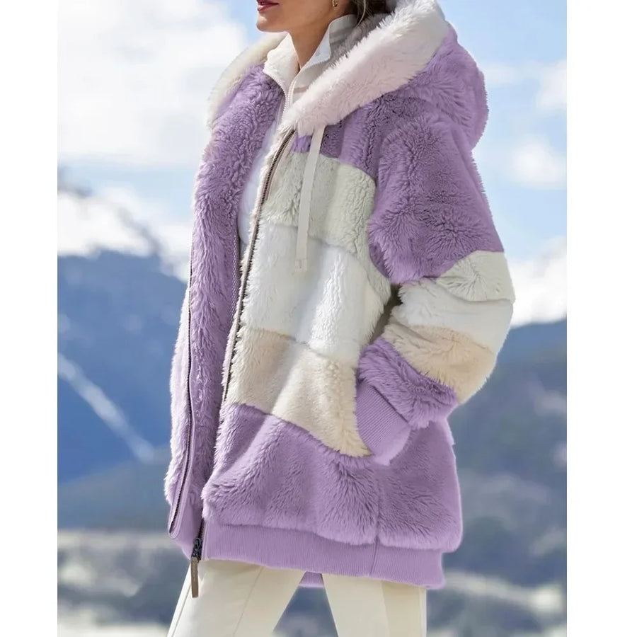 Damen Hoodie Jacke Fleece Winterjacke mit Kapuze Farbenblock