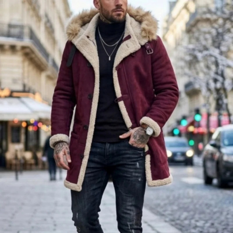 Herren Wintermantel mit Kapuze und Fellimitat-Futter