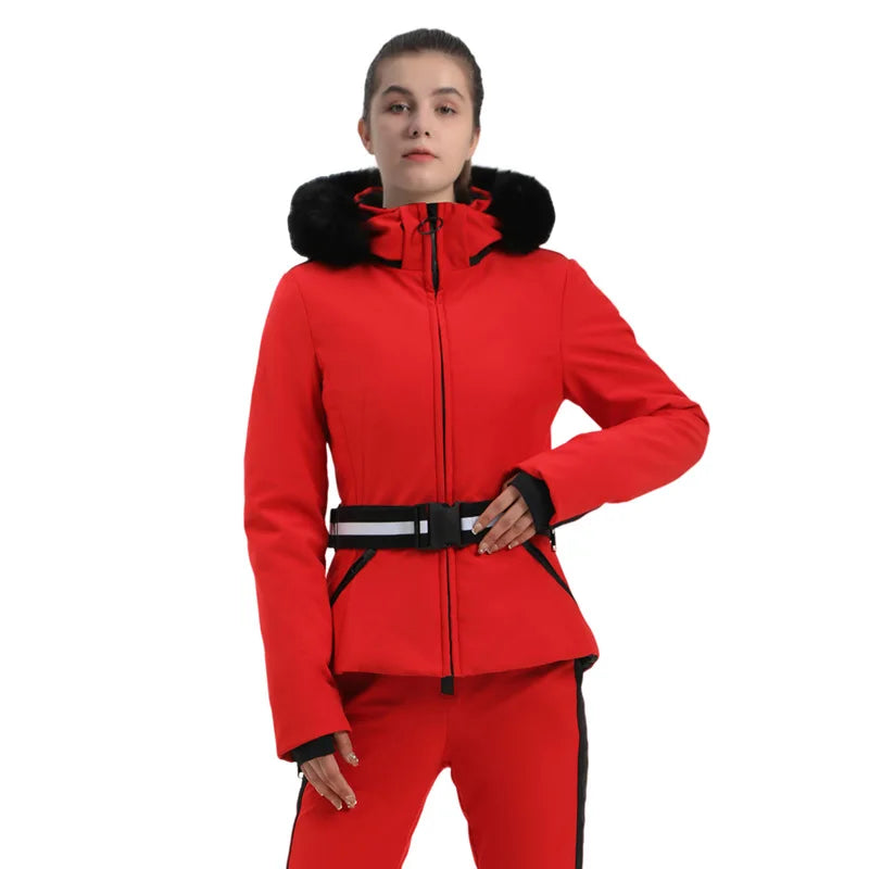 Damen Skijacke mit Hahnentrittmuster Gürtel und Kunstfellkapuze