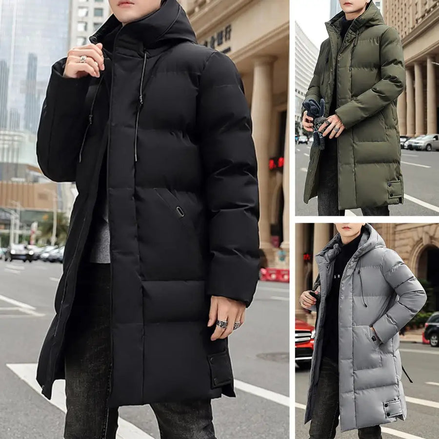 Herren Langer Steppmantel mit Kapuze Winterjacke Gepolstert
