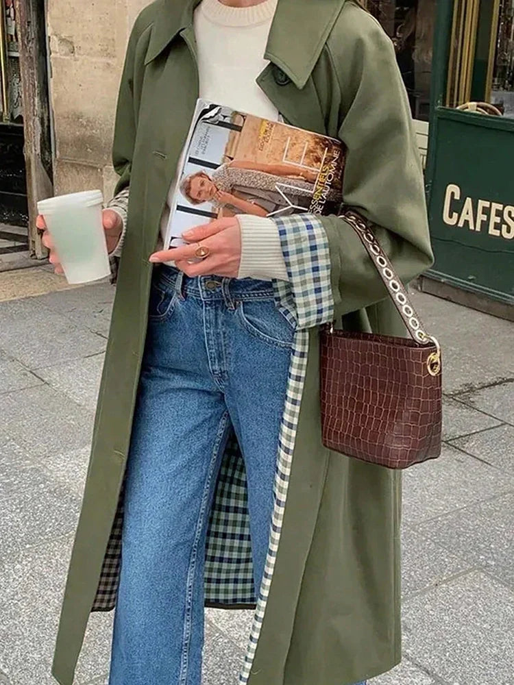 Damen Trenchcoat mit Gürtel Karofutter Langarm Regenmantel