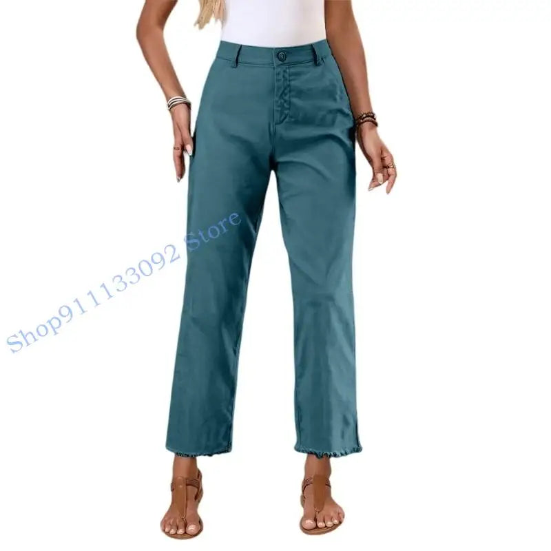 Damen Stoffhose mit geradem Bein, Hoher Bund & Fransen Saum – Beige