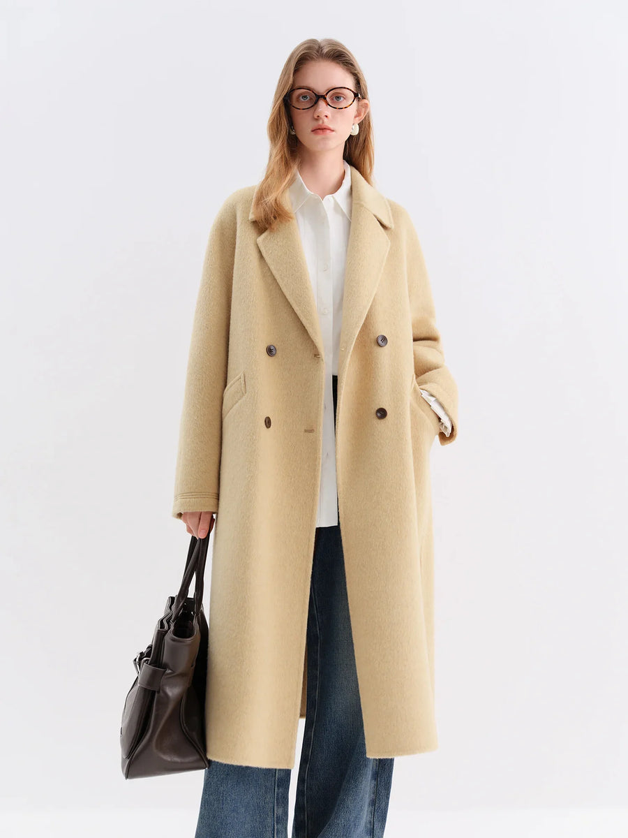 Damen Doppelreiher Mantel lang beige-camel
