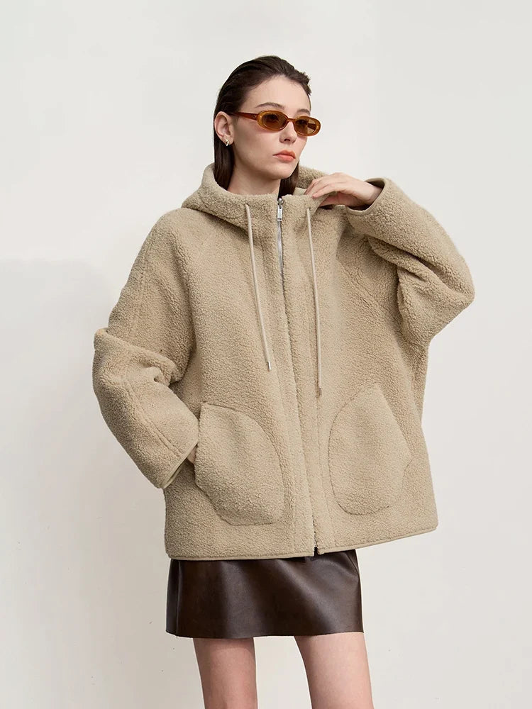 Damen Kapuzenjacke Teddyfleece Beige Übergangsjacke