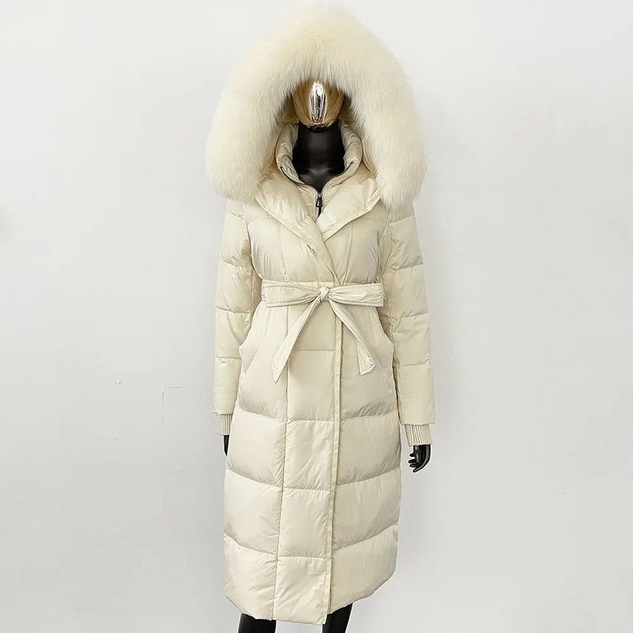 Damen Daunenmantel Lang mit Kapuze und Pelzbesatz Gürtel Steppjacke Warm
