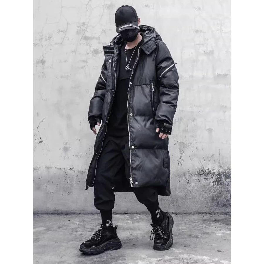 Unisex Langer Steppmantel mit Kapuze Schwarz