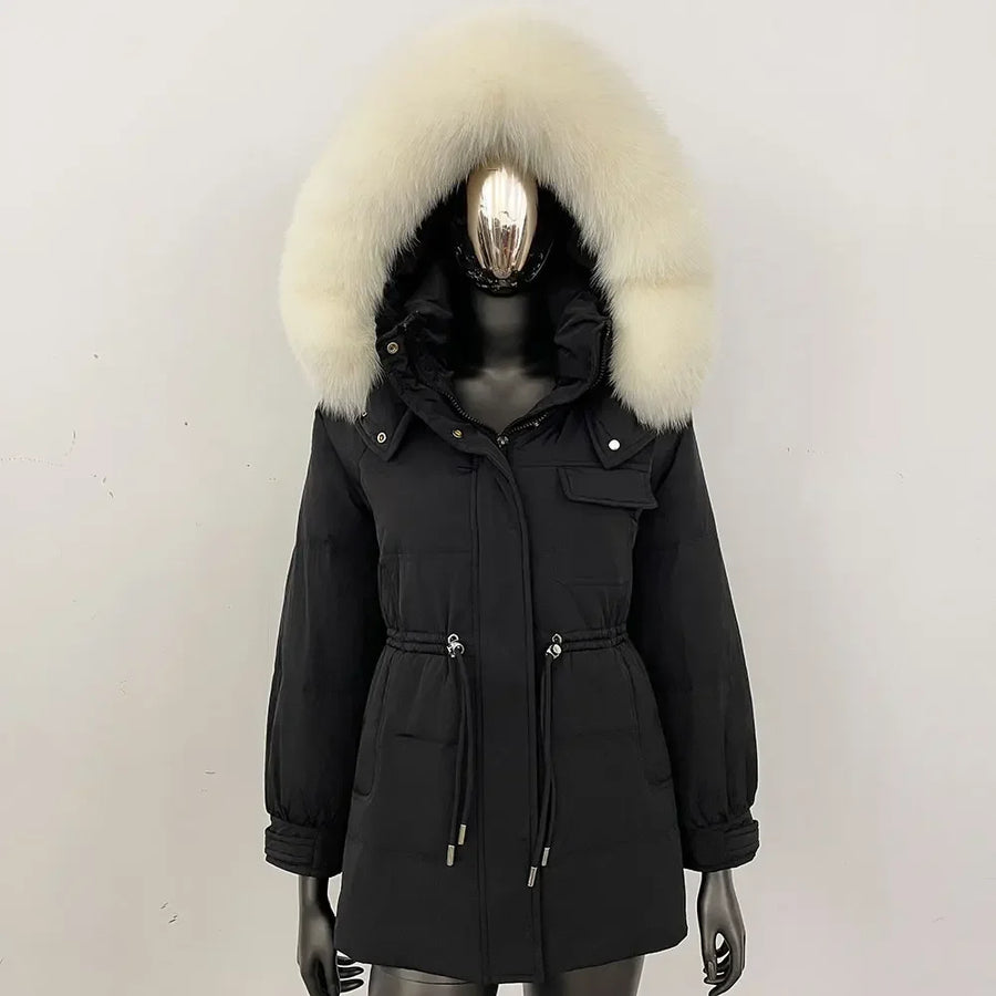Damen Winterjacke Parka mit Kapuze Kunstfellbesatz Tunnelzug Creme