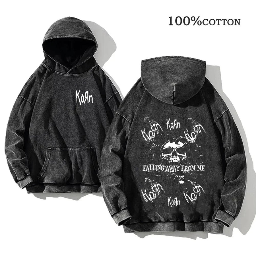 Korn Band Hoodie Unisex Washed Schwarz Kapuzenpullover Oversize