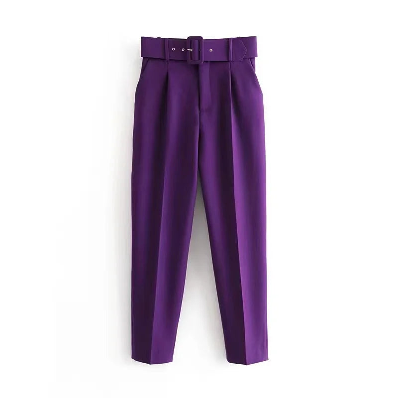 Damen Stoffhose High Waist mit Gürtel Elegante Hose mit geradem Bein