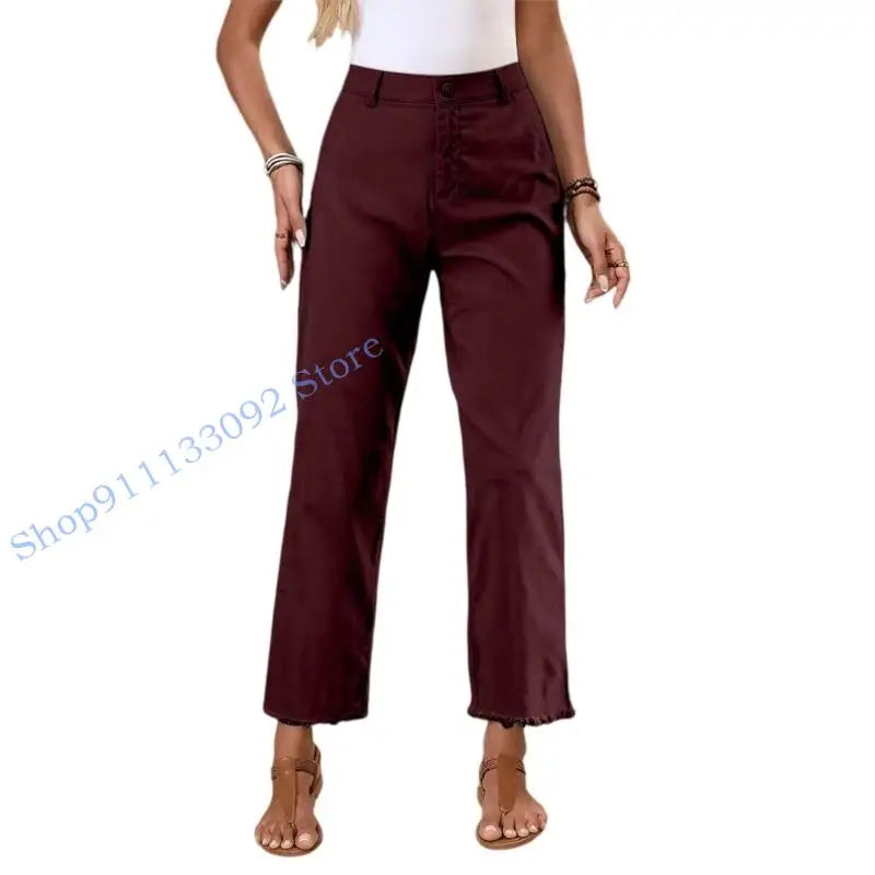 Damen Stoffhose mit geradem Bein, Hoher Bund & Fransen Saum – Beige