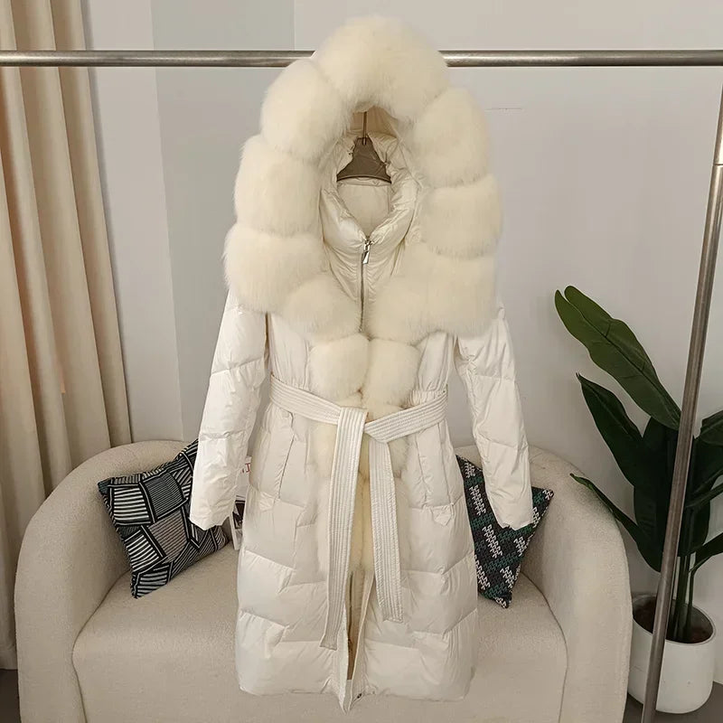 Damen Winter Steppmantel Lang mit Kapuze und Kunstpelzbesatz Gürtel
