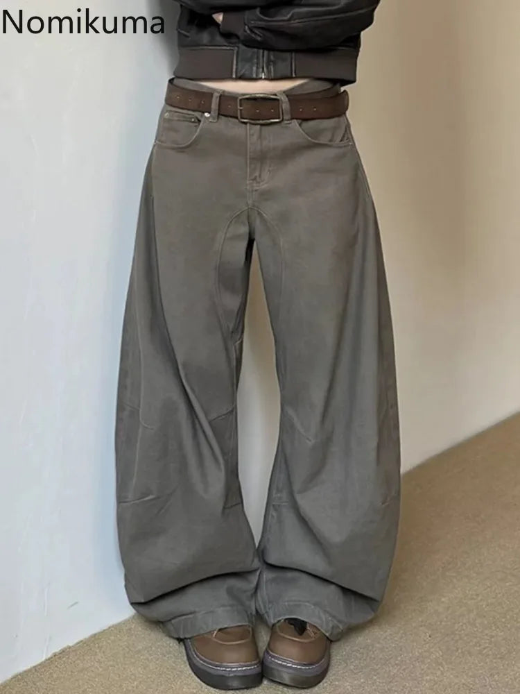 Loose-fit broek met wijde pijpen voor dames, baggy stijl, donkergrijs