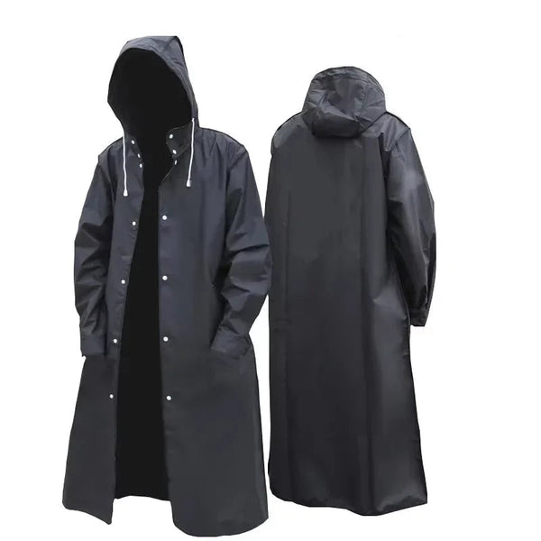 Unisex Regenmantel Lang Schwarz mit Kapuze