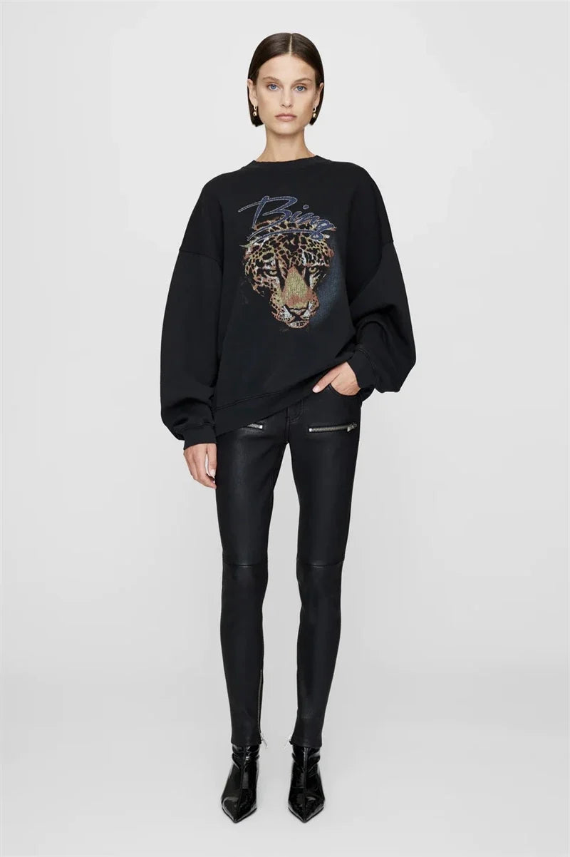 Grijs oversized damessweatshirt met ronde hals en logo-applicatie