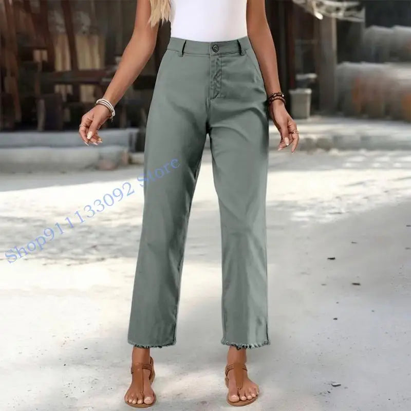 Damen Stoffhose mit geradem Bein, Hoher Bund & Fransen Saum – Beige