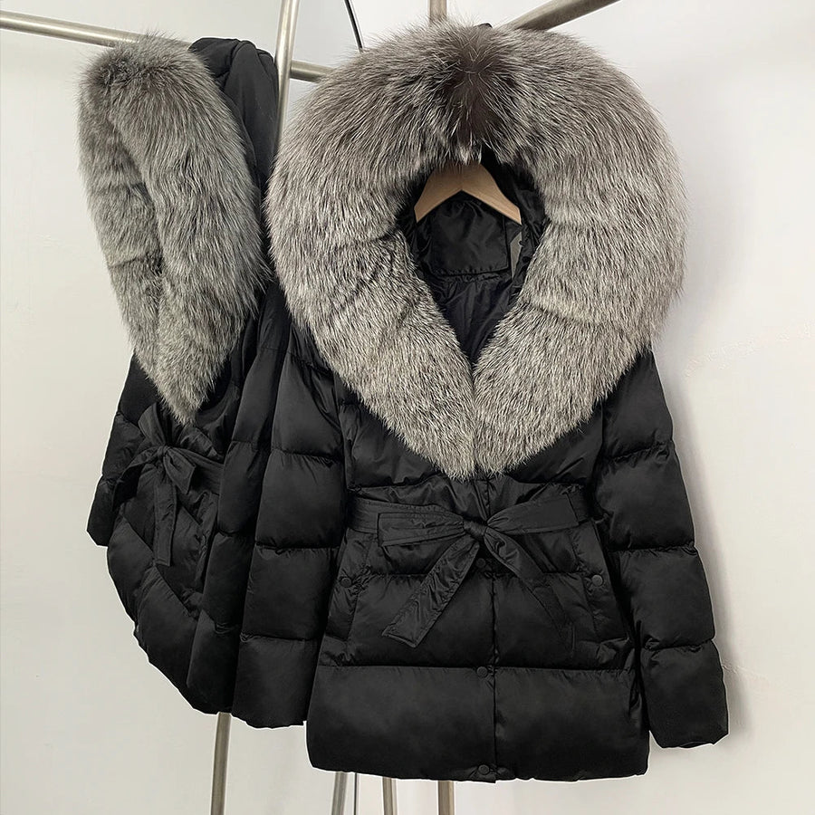 Damen Daunenjacke mit Kunstpelzkragen und Bindegürtel, warme Winterjacke