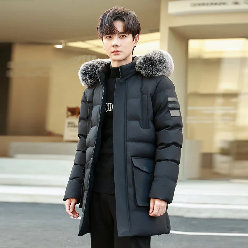 Herren Winterparka mit Kapuze Pelzbesatz Gepolsterte Lange Jacke