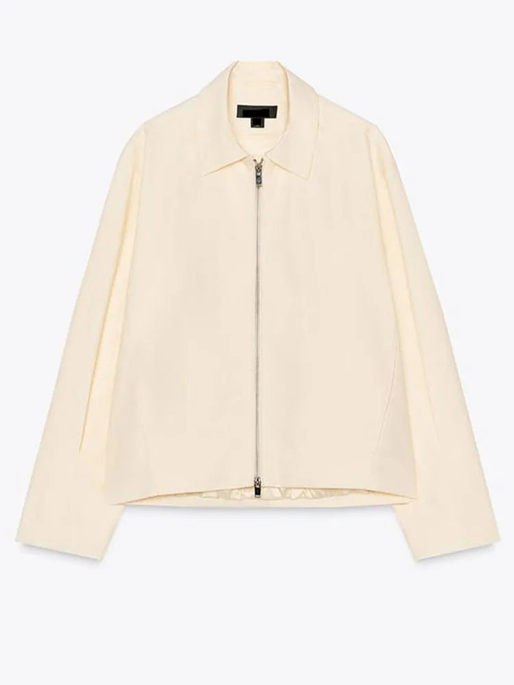 Damen Bomberjacke Kurz Beige Reißverschluss
