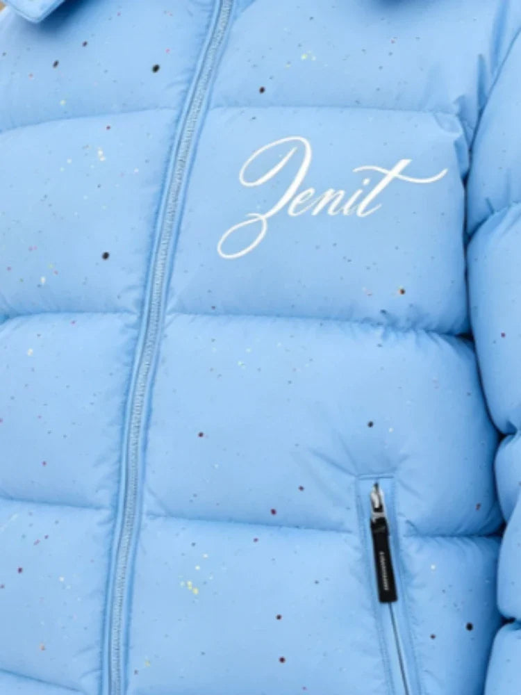 Gesteppte Winterjacke mit Kapuze für Herren, Hellblau mit Farbspritzern