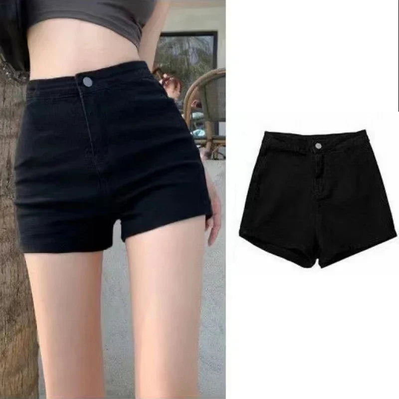Korte zwarte damesshorts met hoge taille, denimlook