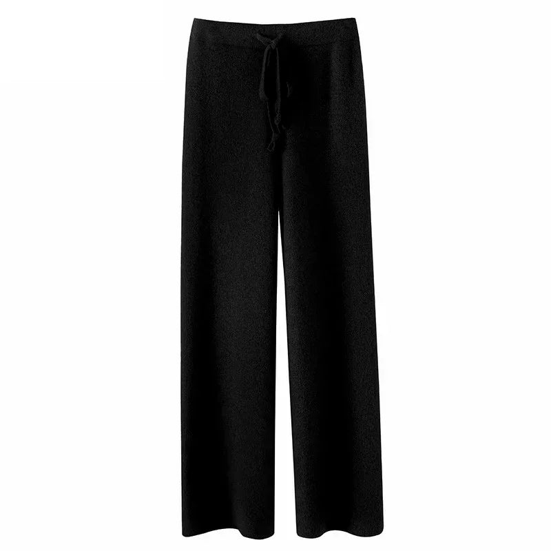 Damen Strickhose Weites Bein Hoher Bund mit Kordelzug