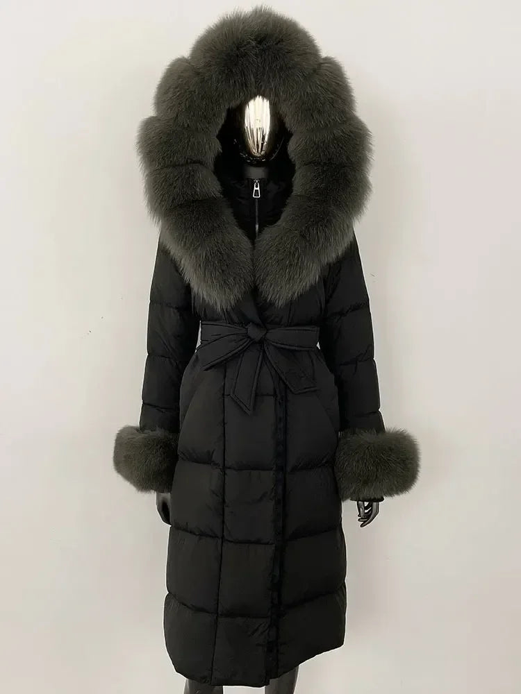 Damen Daunenmantel Lang mit Kapuze und Pelzbesatz Gürtel Steppjacke Warm