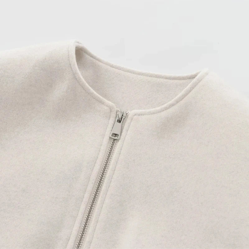 Damen Kurzjacke mit Reißverschluss, Rundhals und Ballonärmeln