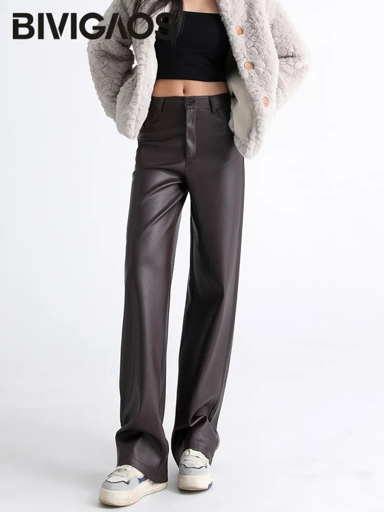 Wijde damesbroek in lederlook met hoge taille, zwart