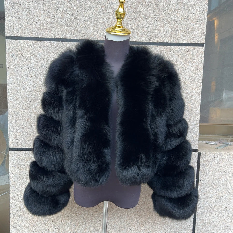 Kurze Damen Kunstpelzjacke mit langen Ärmeln und V-Ausschnitt, mehrfarbig