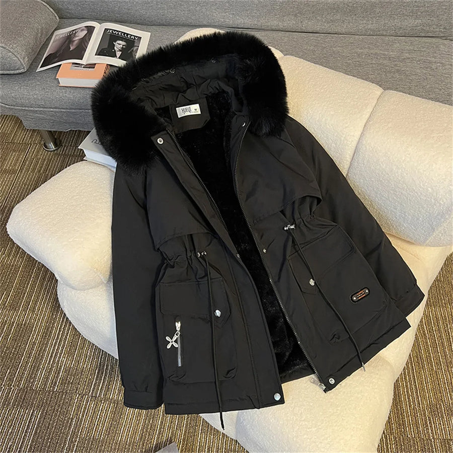 Damen Winterjacke Parka mit Kapuze Pelzimitat Innenfutter Tunnelzug
