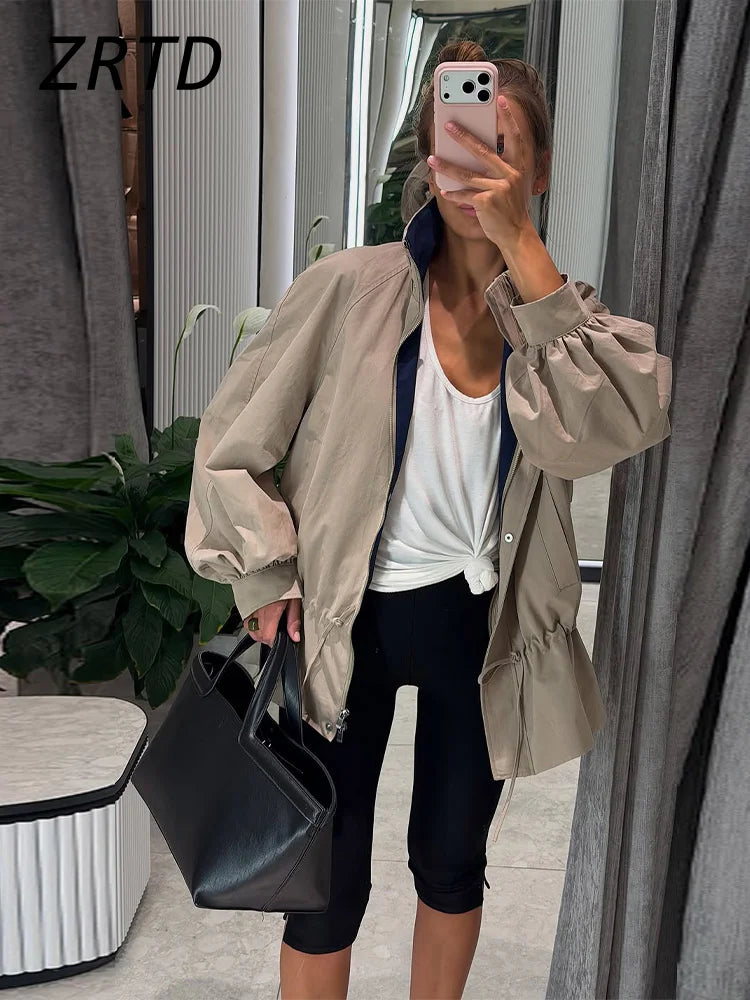 Damen Jacke Beige mit Tunnelzug Ballonärmel Stehkragen Kurz Übergangsjacke