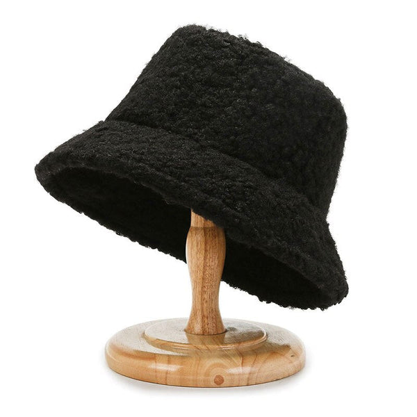 Teddy-fleece vissershoed Bouclé winter-bucket hat in zwart en beige