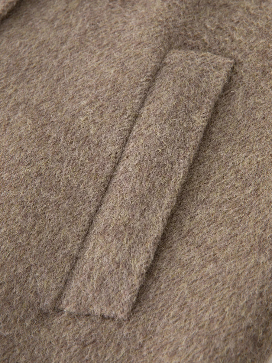 Damen Langer Wollmantel Braun mit Bindegürtel und Stehkragen