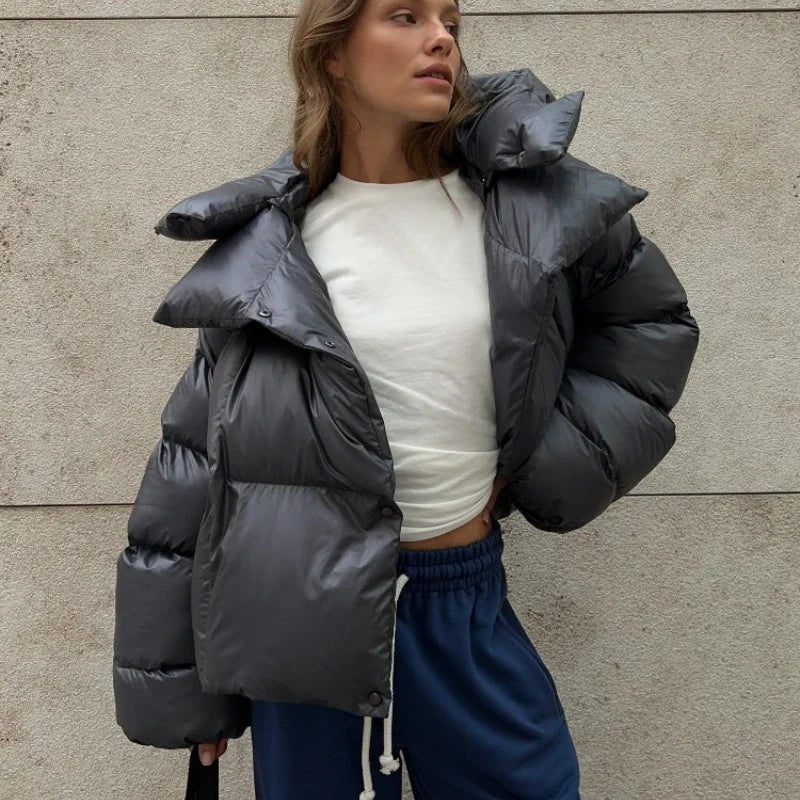 Damen Pufferjacke mit Kapuze, kurz geschnitten, uni