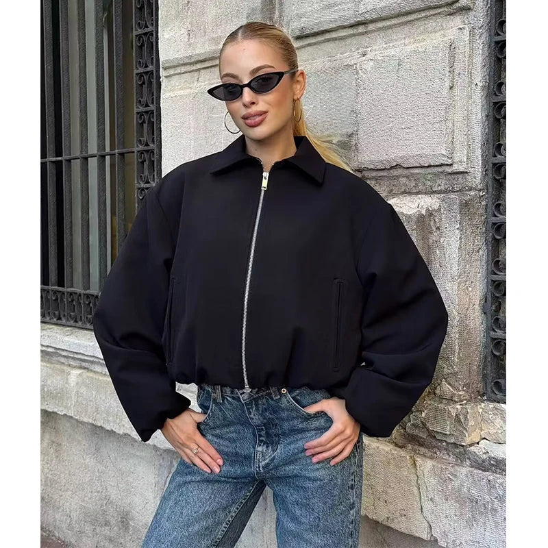 Damen Kurzjacke mit Reißverschluss & Kragen, weite Ärmel, Beige