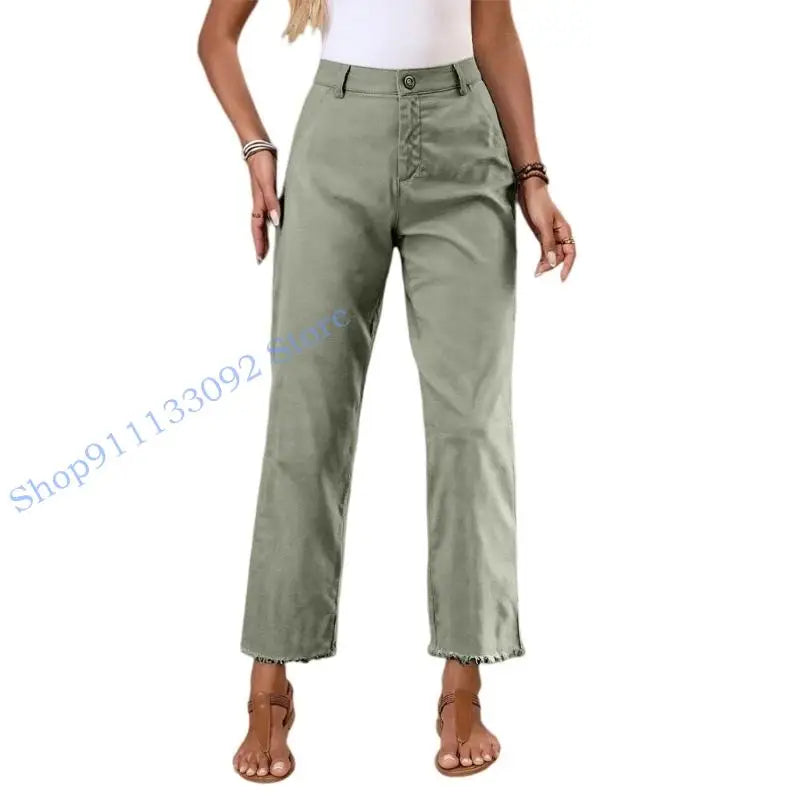 Damen Stoffhose mit geradem Bein, Hoher Bund & Fransen Saum – Beige