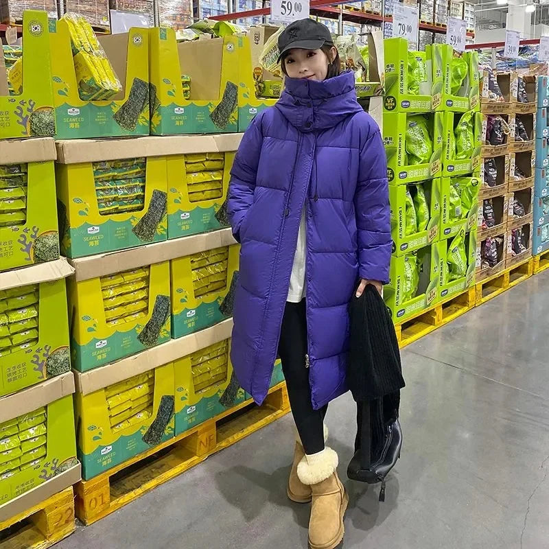 Lange Damen Winter Steppjacke mit Kapuze, gepolsterter Wintermantel