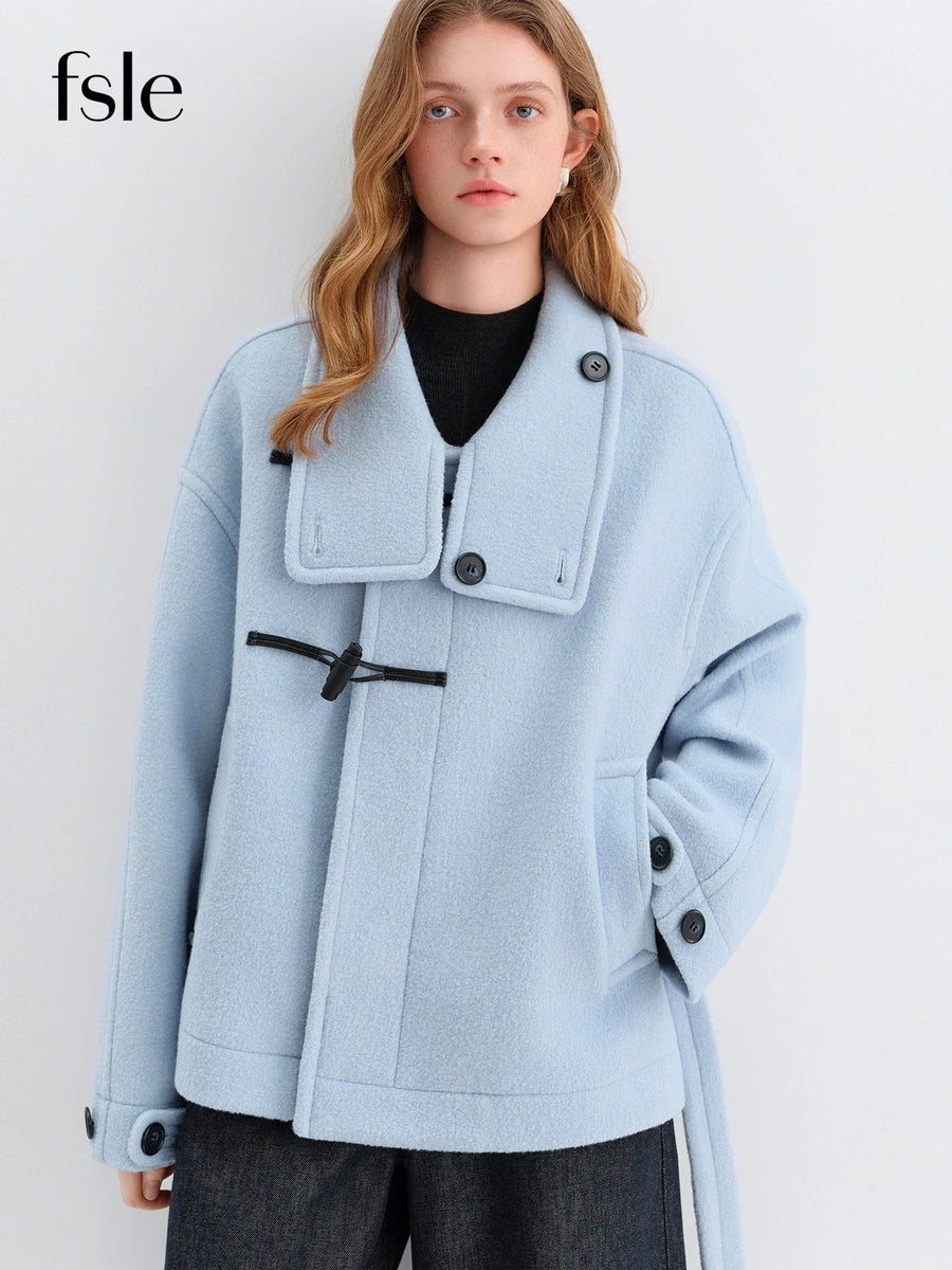 Kurzer Damen Mantel Hellblau mit Knebelverschluss & Gürtel