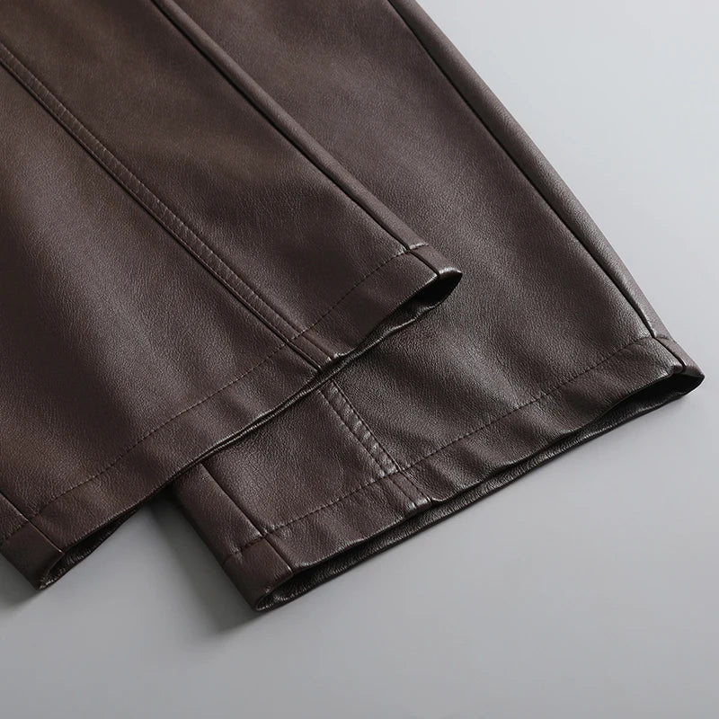 Dameswijde broek met wijde pijpen in lederlook - elegant, hoog getailleerd, bruin of zwart