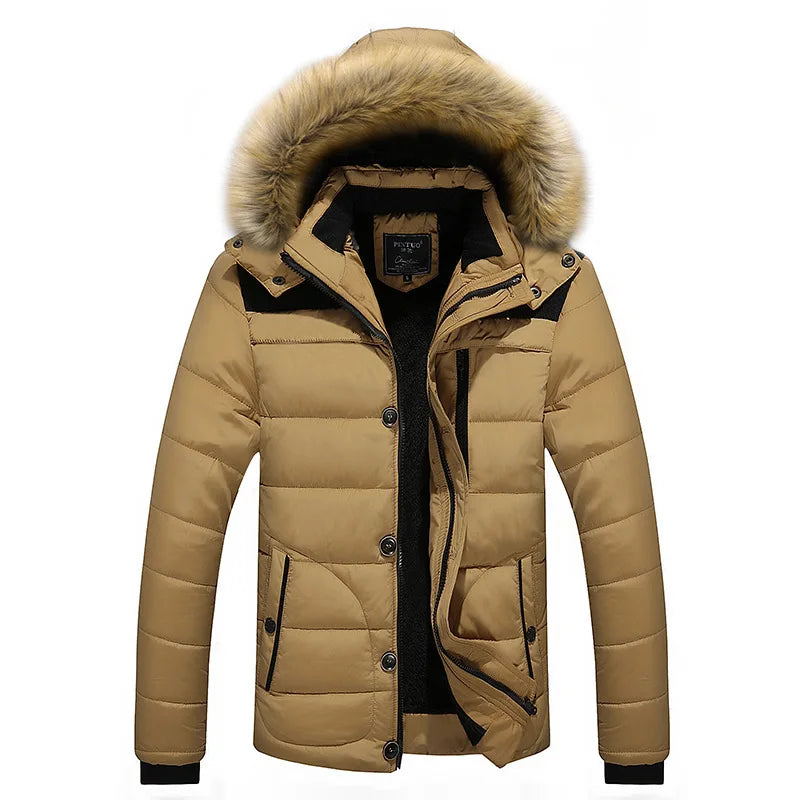 Herren Winterjacke mit Kapuze, Pelzbesatz und Knöpfen – Gefütterte Steppjacke