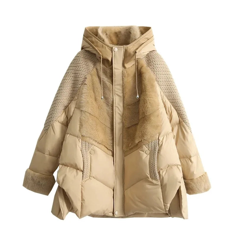 Damen Steppjacke mit Kapuze, Pelzbesatz und Strickärmeln