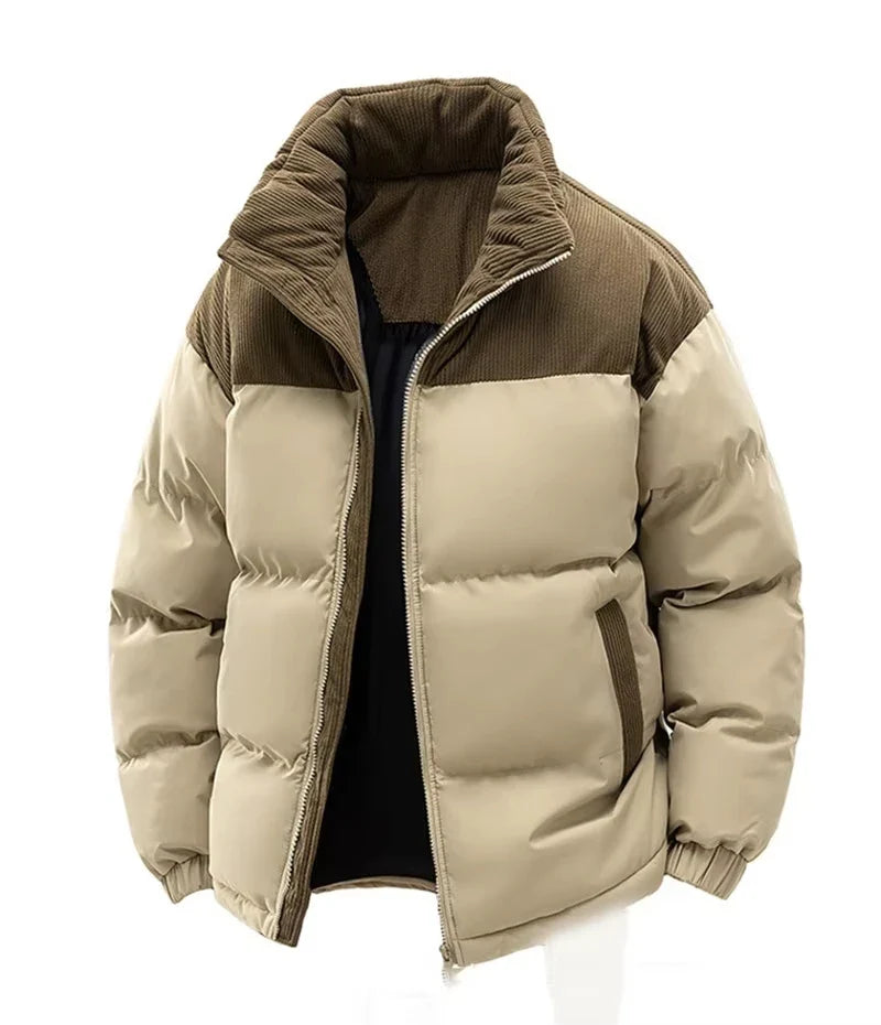 Winter Steppjacke mit Kapuze Zweifarbig Cord-Detail Gepolsterte Outdoor-Jacke