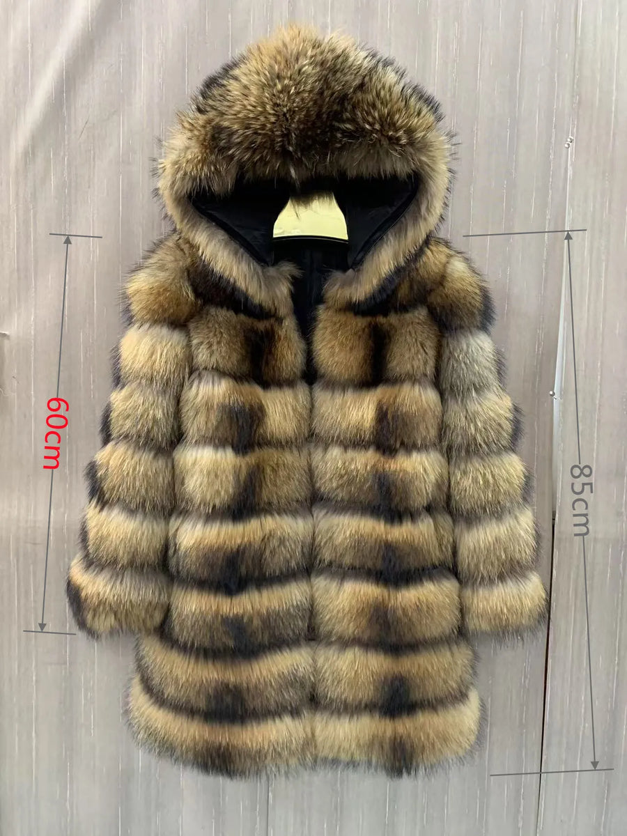Damen Mantel mit Kapuze aus Pelzoptik in Braun-Schwarz